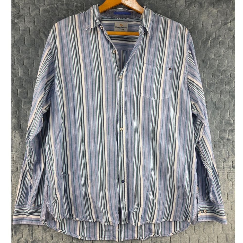 Tommy Bahama Jeans‎ Mens XL Blue Striped Tencel Cotton Button Front Shirt G428W
